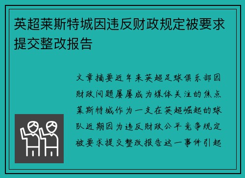 英超莱斯特城因违反财政规定被要求提交整改报告