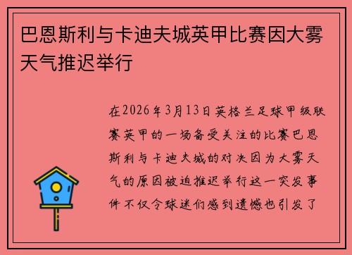 巴恩斯利与卡迪夫城英甲比赛因大雾天气推迟举行