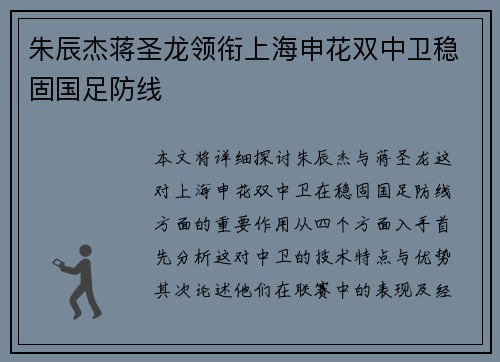 朱辰杰蒋圣龙领衔上海申花双中卫稳固国足防线