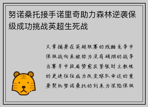 努诺桑托接手诺里奇助力森林逆袭保级成功挑战英超生死战